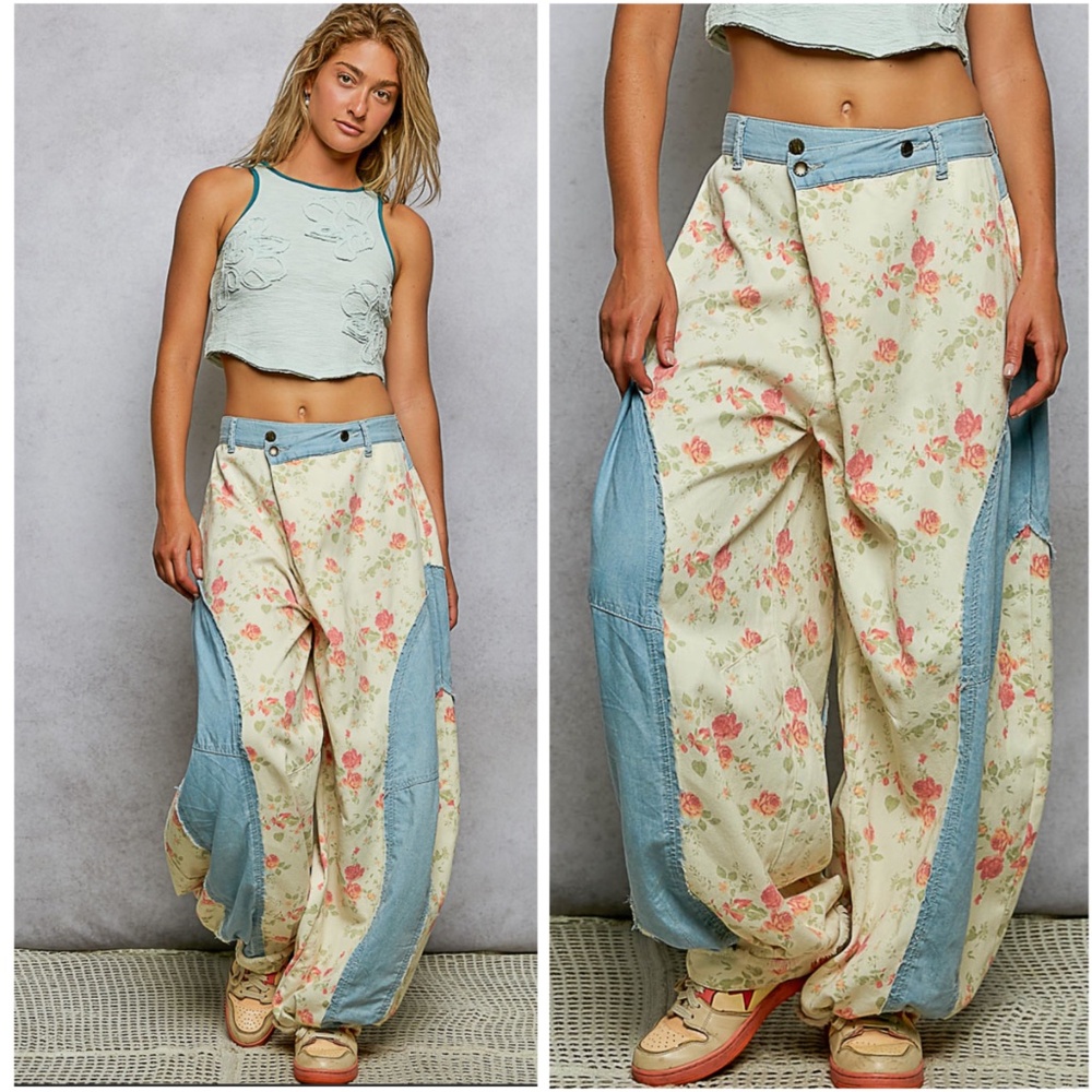 POL Floral Patchwork Wide-Leg Jeans in Cream and Light Blue